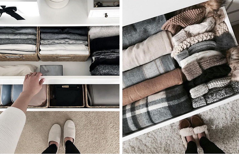 Gavetas de closet feminino com roupas de frio