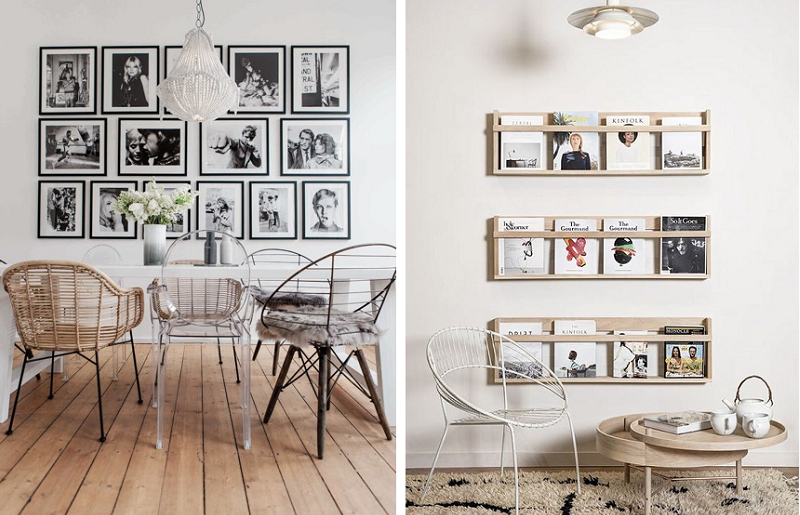 Salas com paredes decoradas com quadros e revistas
